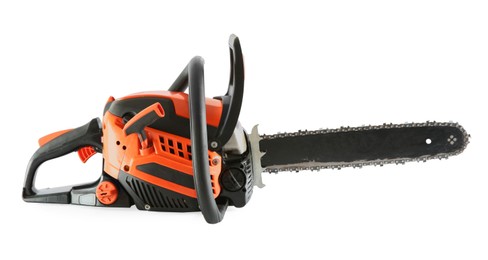 One electric chainsaw isolated on white. Wood cutting tool