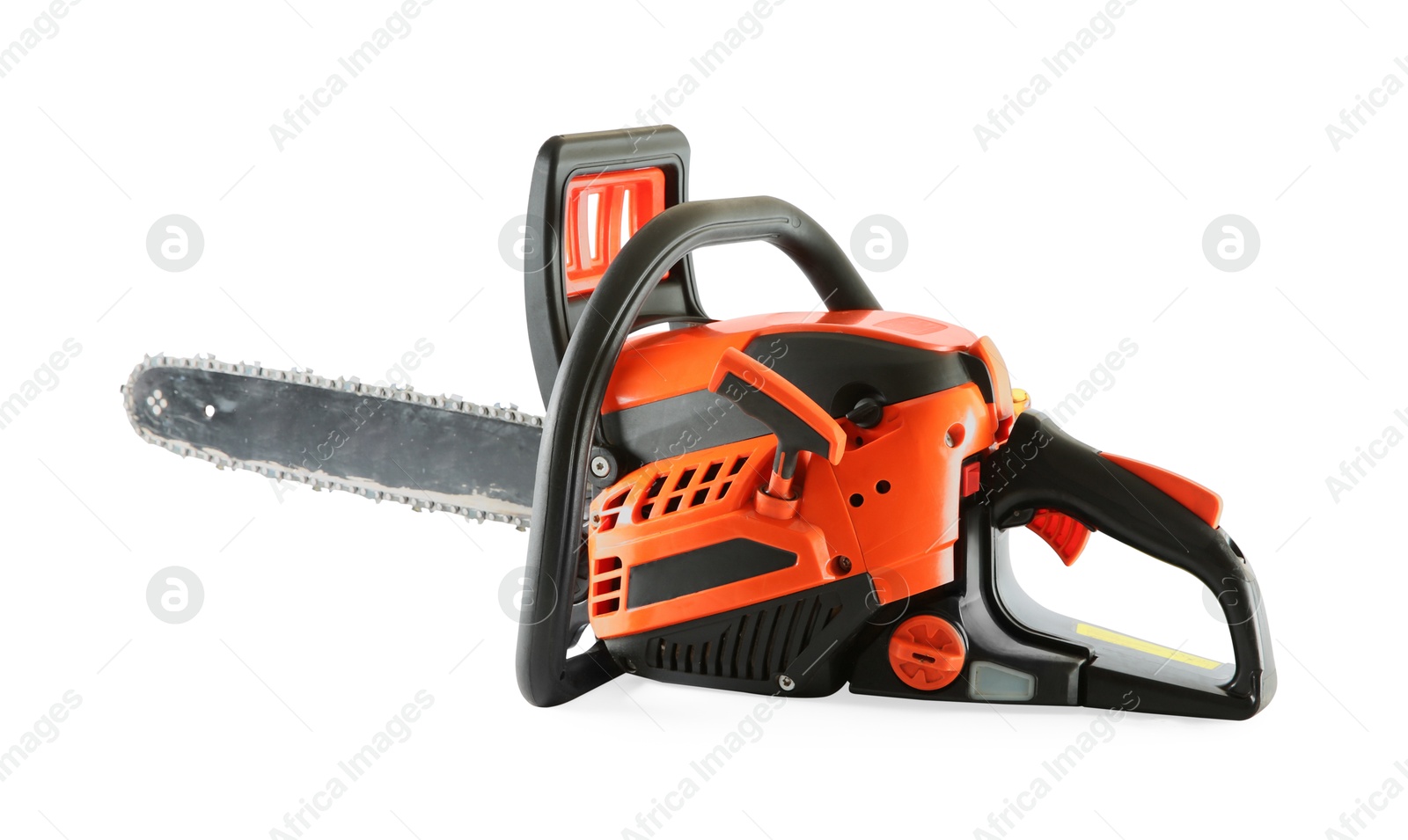 Photo of One electric chainsaw isolated on white. Wood cutting tool