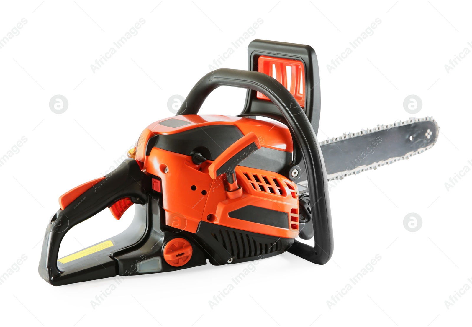 Photo of One electric chainsaw isolated on white. Wood cutting tool