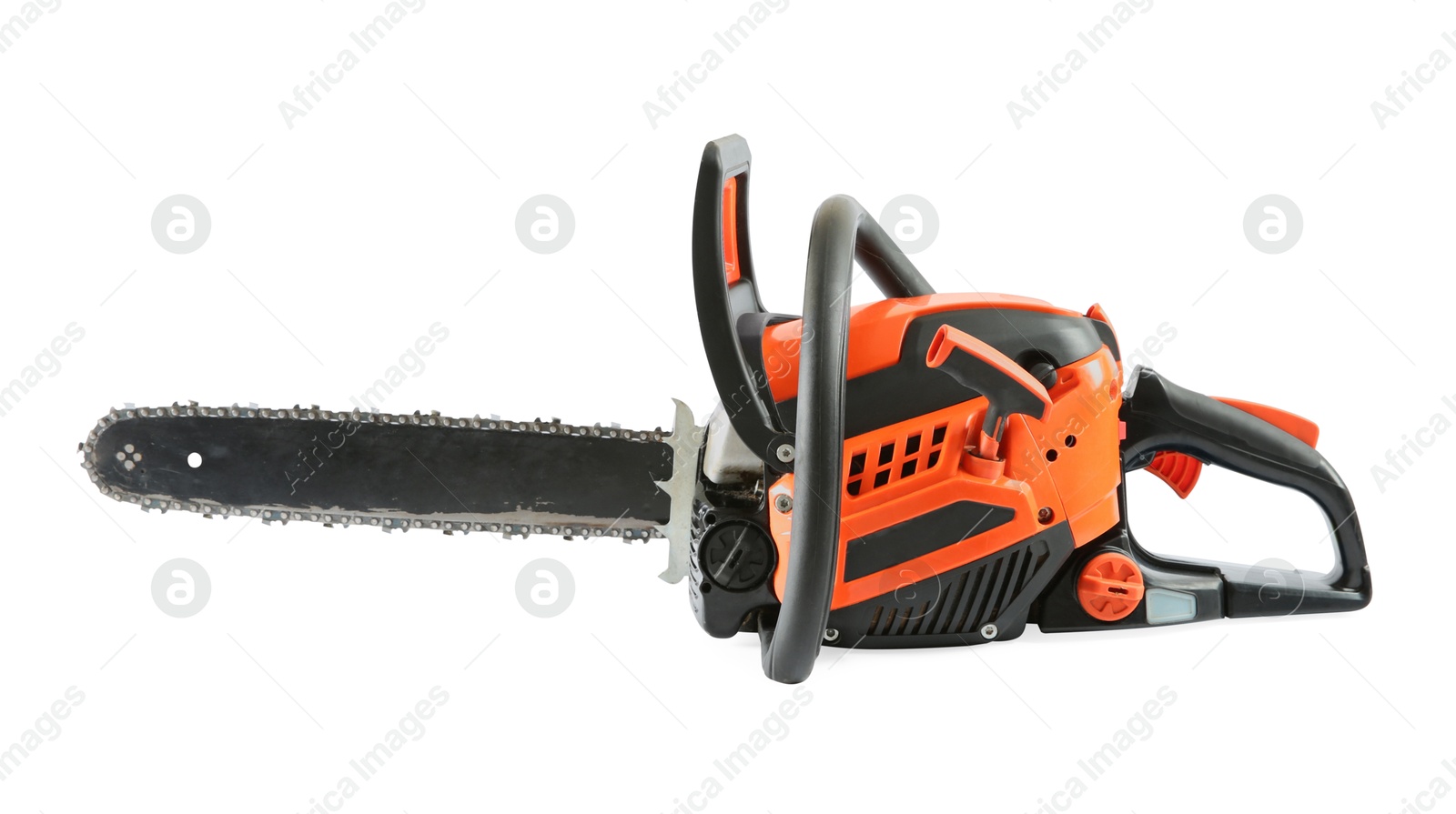 Photo of One electric chainsaw isolated on white. Wood cutting tool