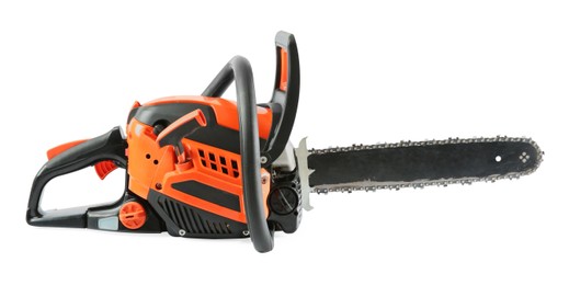 Photo of One electric chainsaw isolated on white. Wood cutting tool