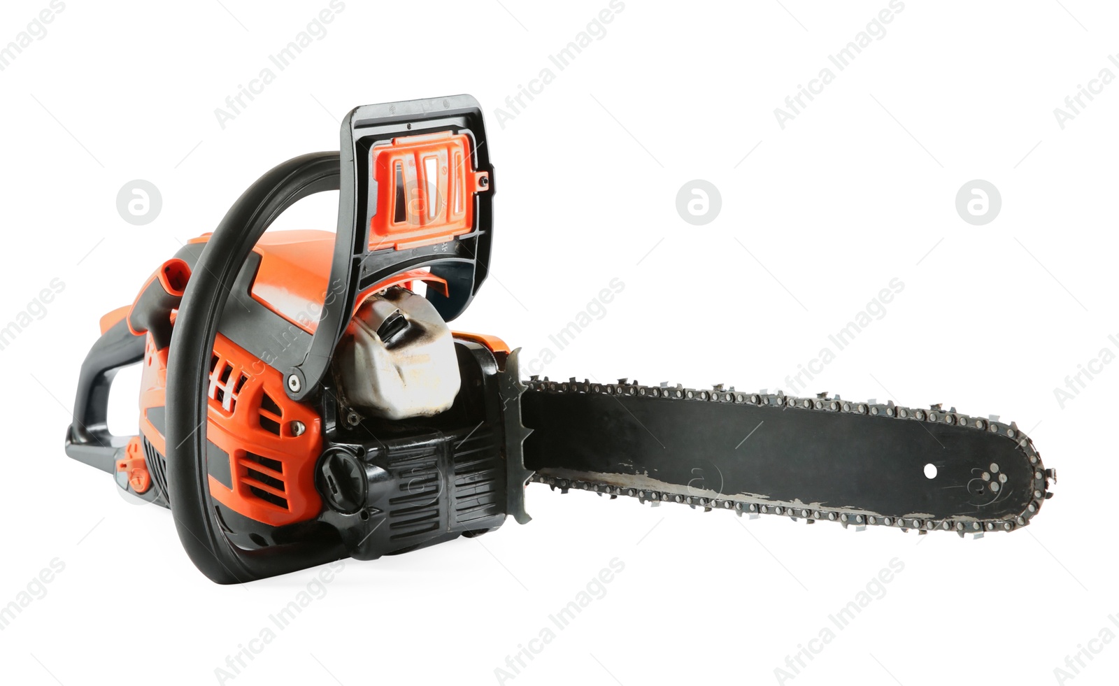 Photo of One electric chainsaw isolated on white. Wood cutting tool