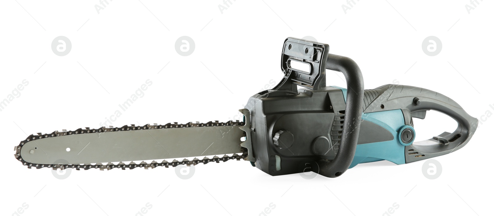 Photo of One electric chainsaw isolated on white. Wood cutting tool