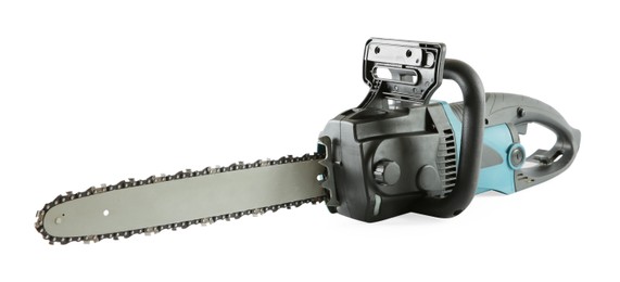 Photo of One electric chainsaw isolated on white. Wood cutting tool