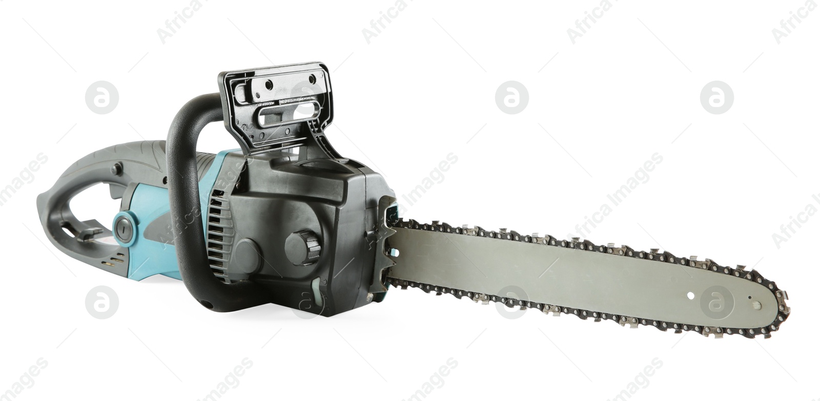 Photo of One electric chainsaw isolated on white. Wood cutting tool