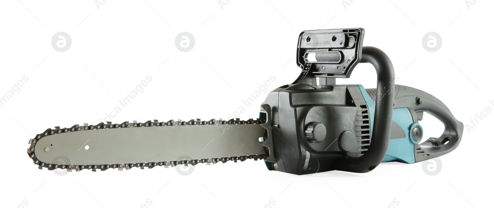 Photo of One electric chainsaw isolated on white. Wood cutting tool