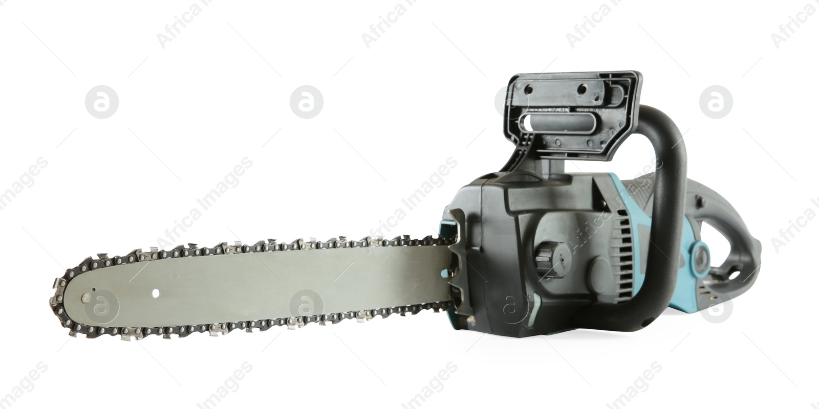 Photo of One electric chainsaw isolated on white. Wood cutting tool