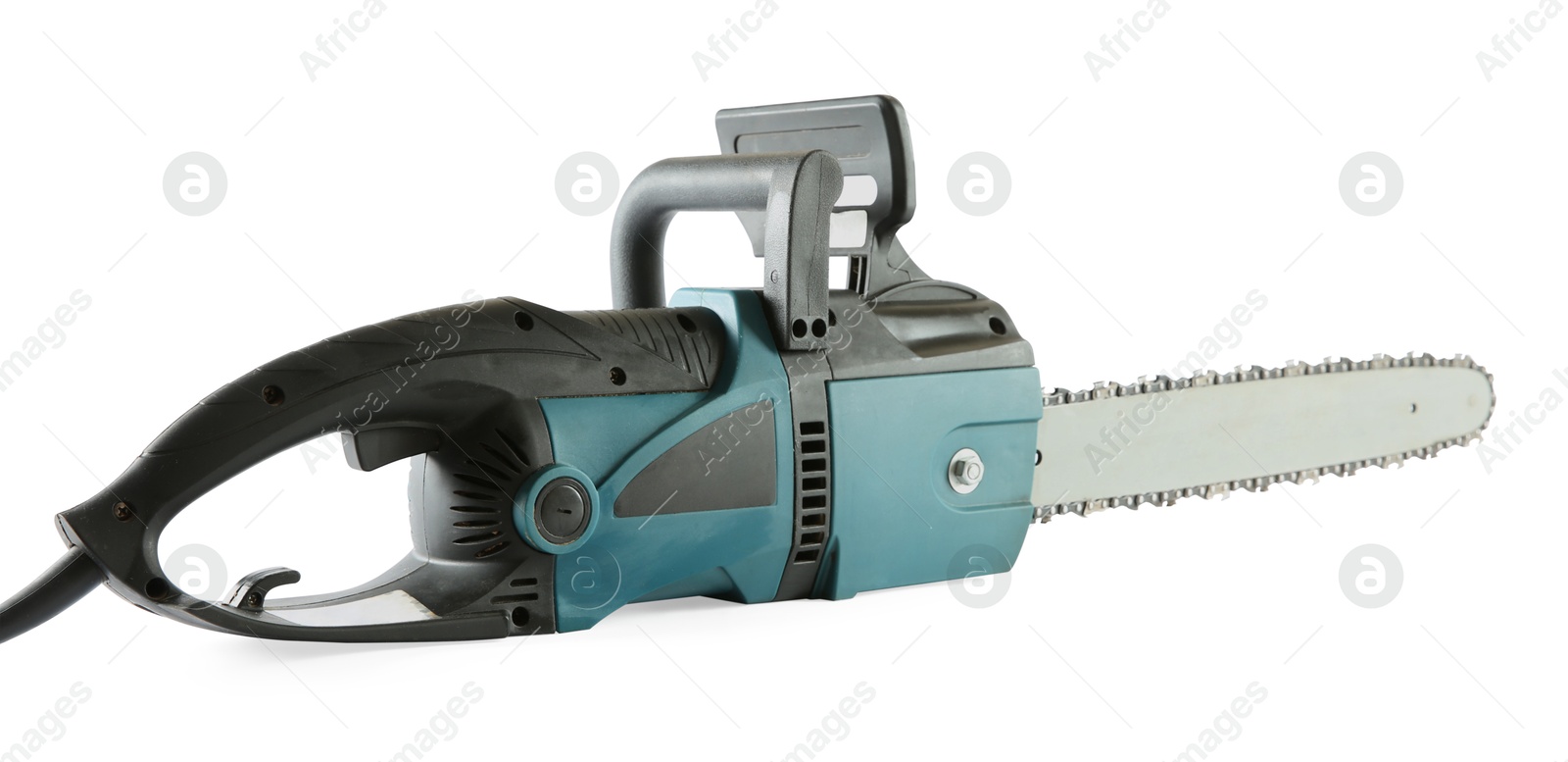 Photo of One electric chainsaw isolated on white. Wood cutting tool