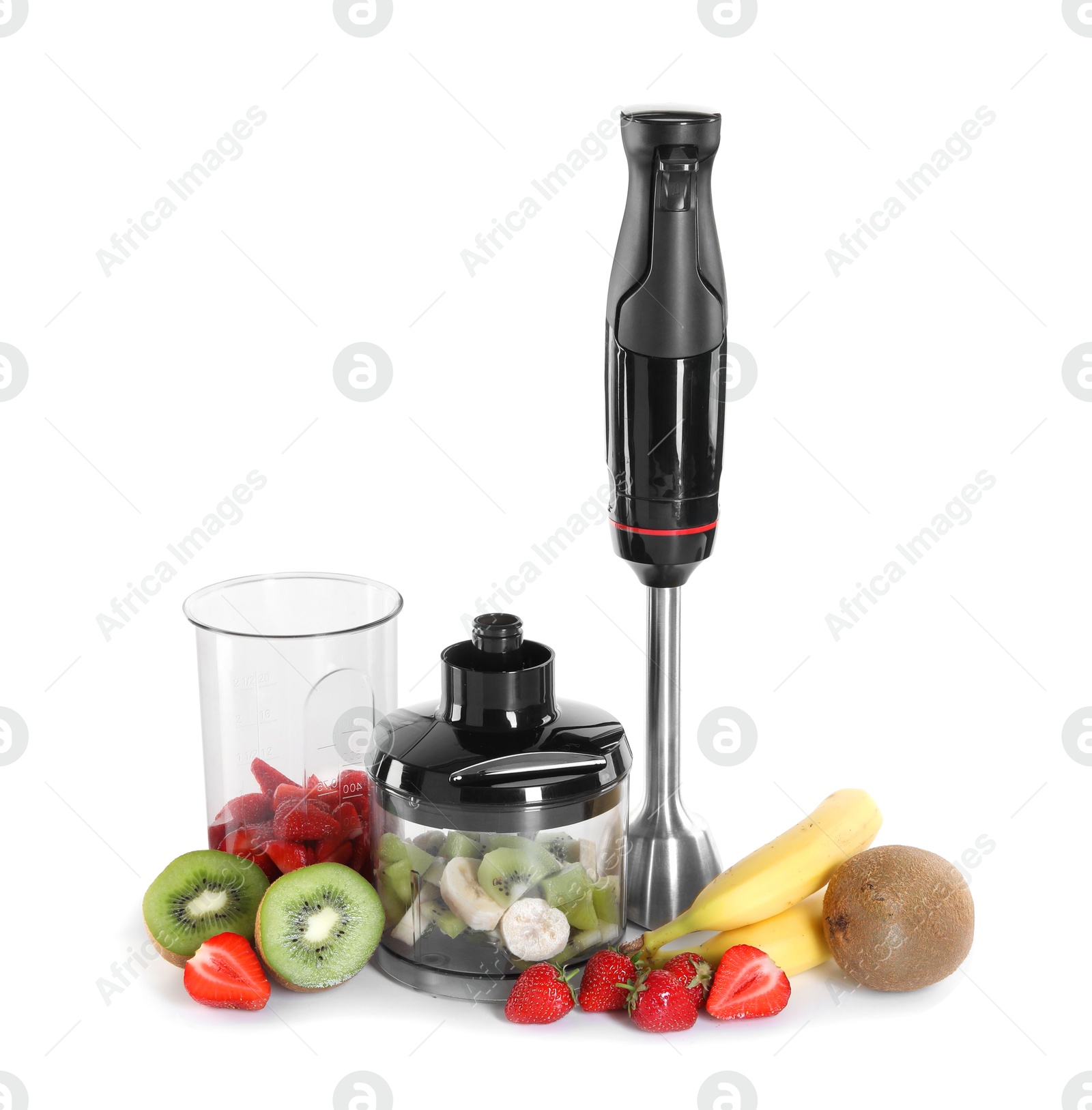 Photo of Hand blender kit, fresh fruits and strawberries isolated on white