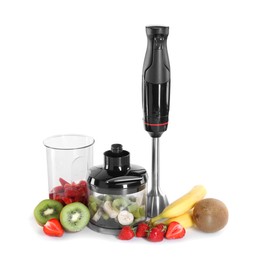 Photo of Hand blender kit, fresh fruits and strawberries isolated on white