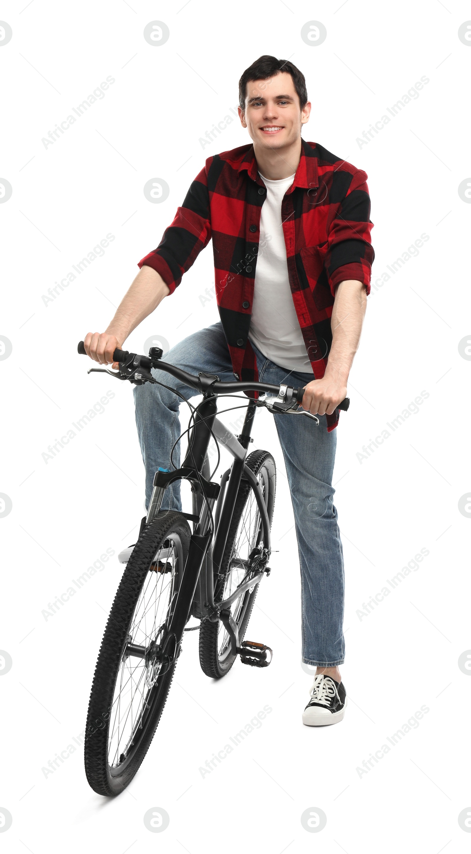 Photo of Smiling man on bicycle against white background