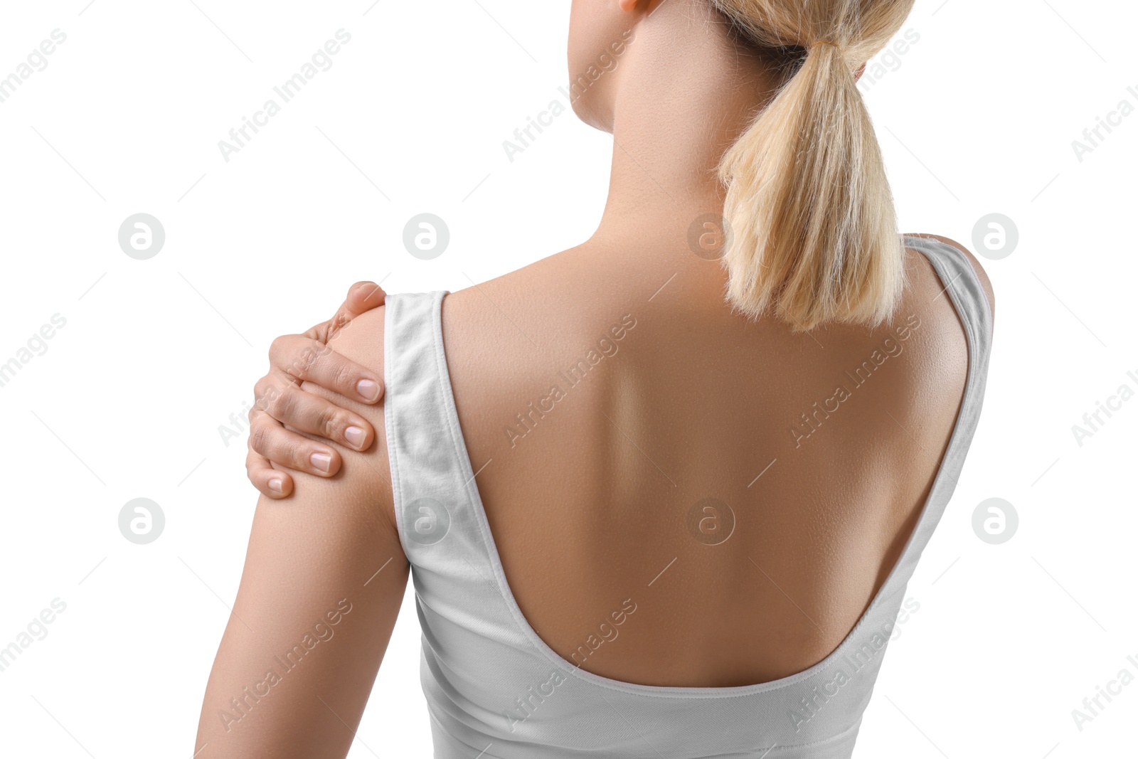 Photo of Woman showing her sporty body on white background, back view