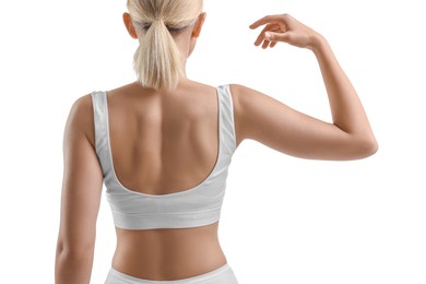 Photo of Woman showing her sporty body on white background, back view