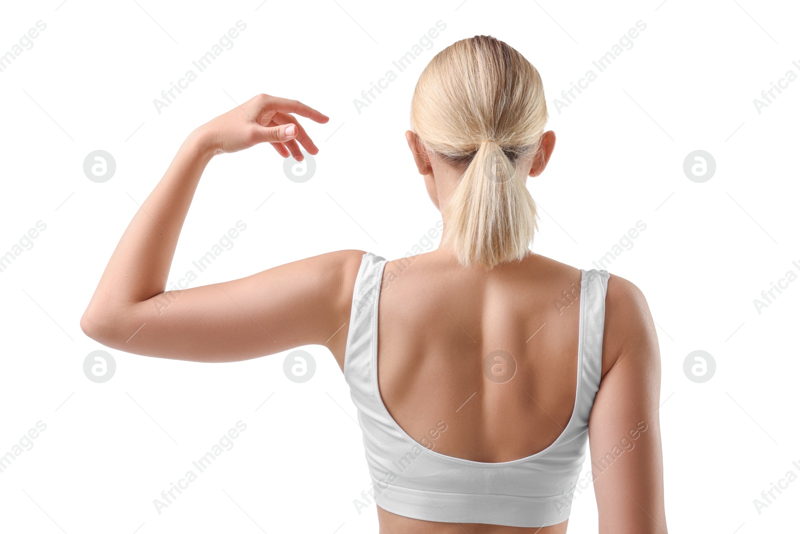 Photo of Woman showing her sporty body on white background, back view