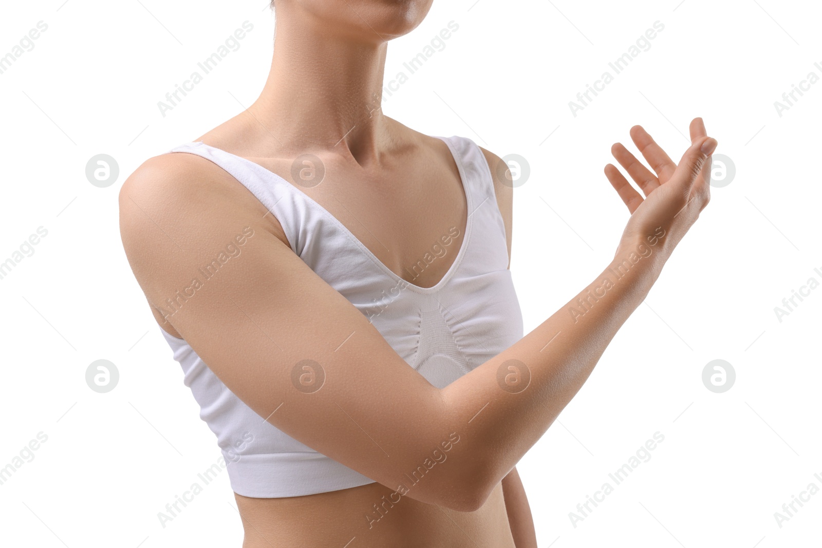 Photo of Sporty woman on white background, closeup view