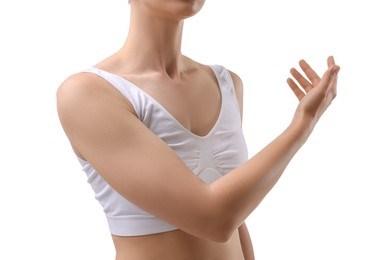 Sporty woman on white background, closeup view