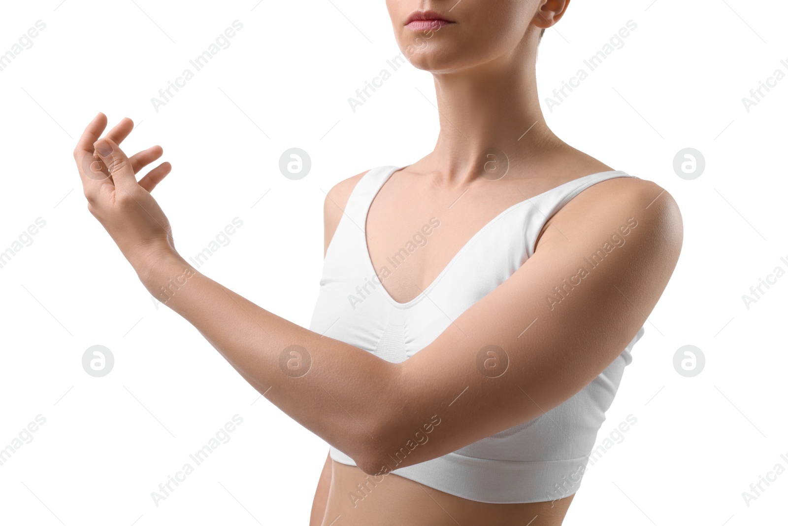 Photo of Sporty woman on white background, closeup view