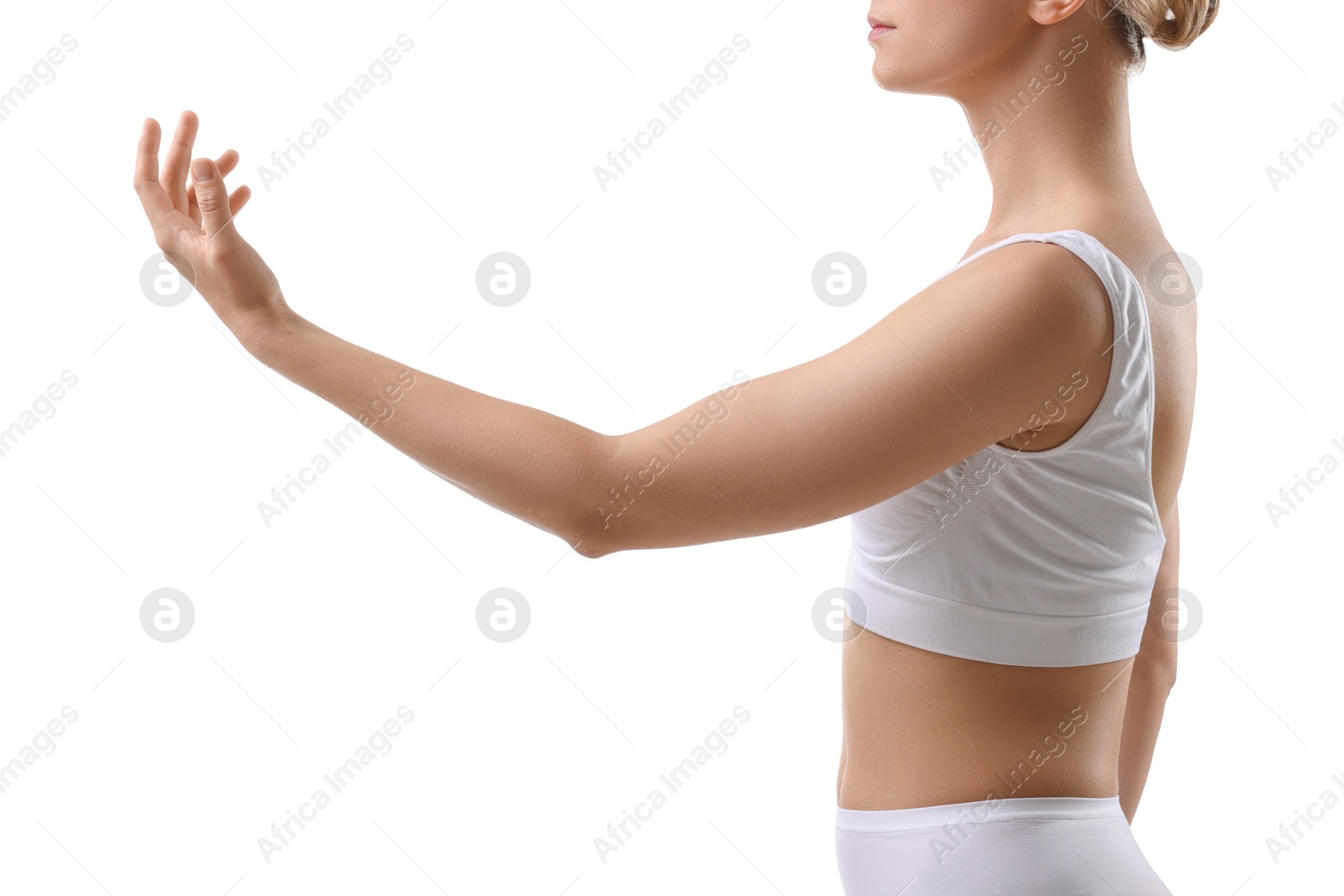 Photo of Sporty woman on white background, closeup view