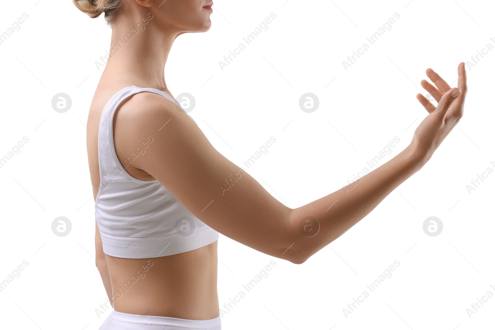 Photo of Sporty woman on white background, closeup view