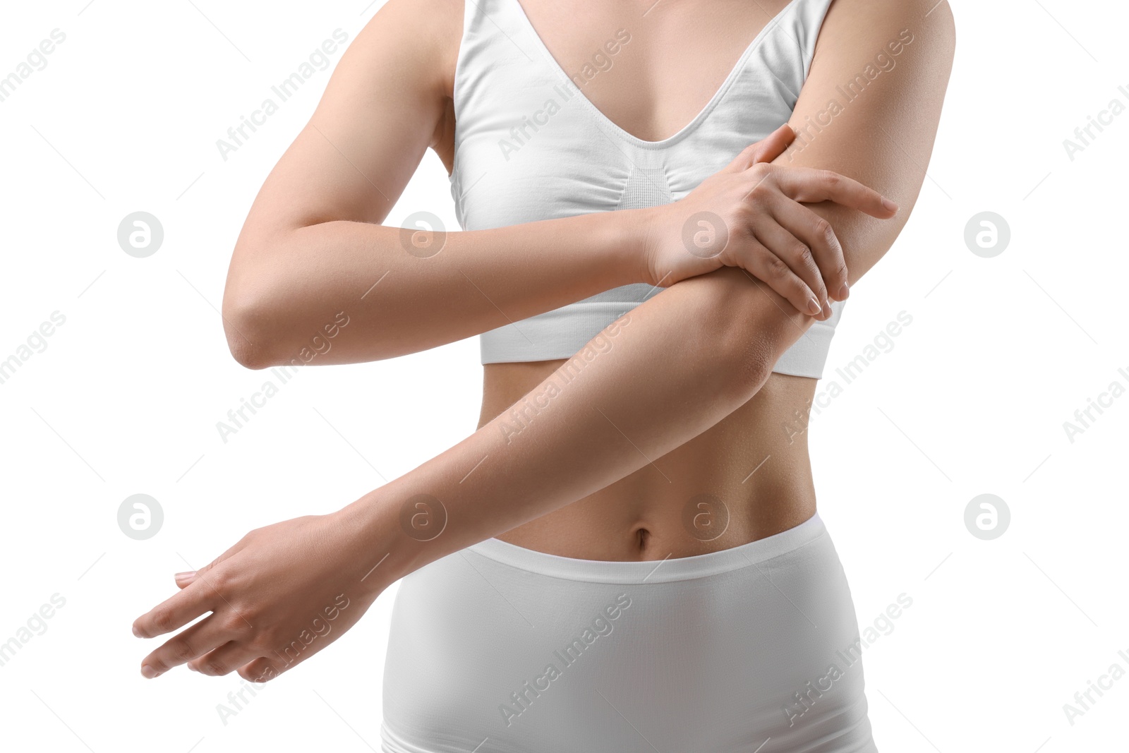 Photo of Sporty woman on white background, closeup view