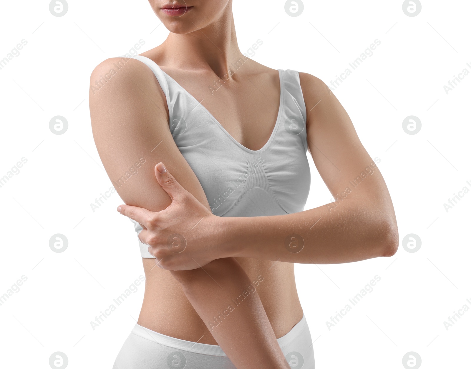 Photo of Sporty woman on white background, closeup view