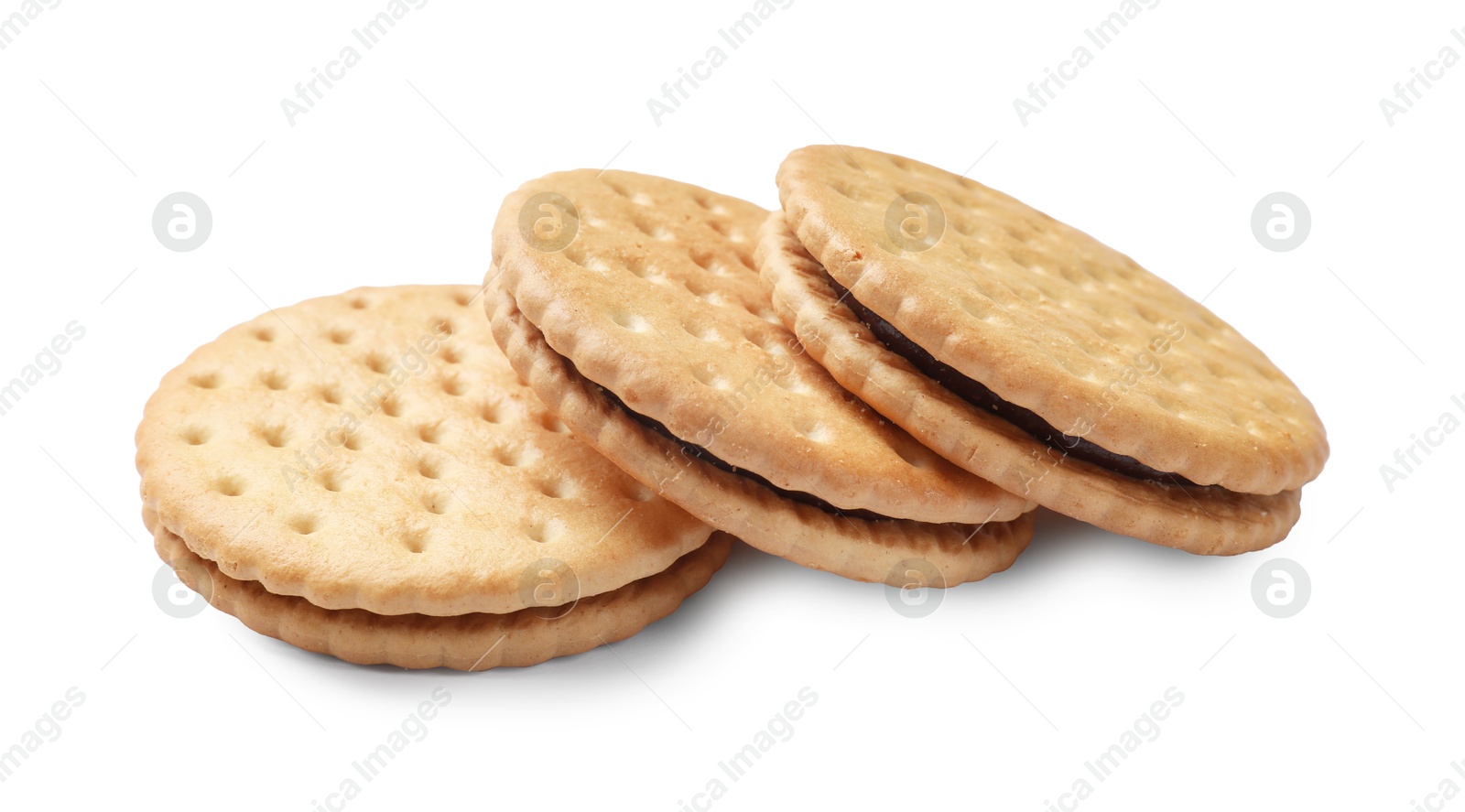 Photo of Fresh tasty sandwich cookies isolated on white