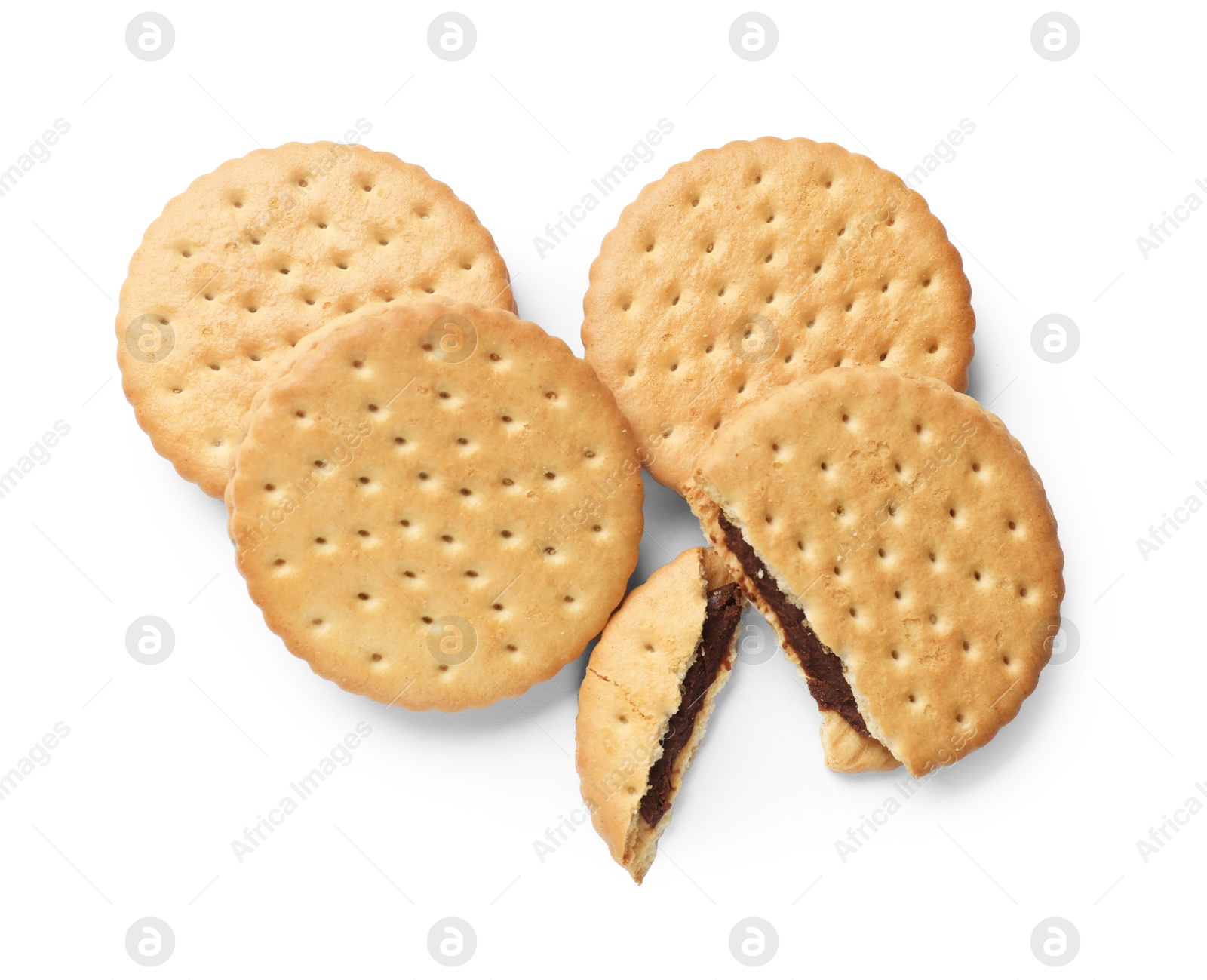 Photo of Fresh tasty sandwich cookies isolated on white, top view