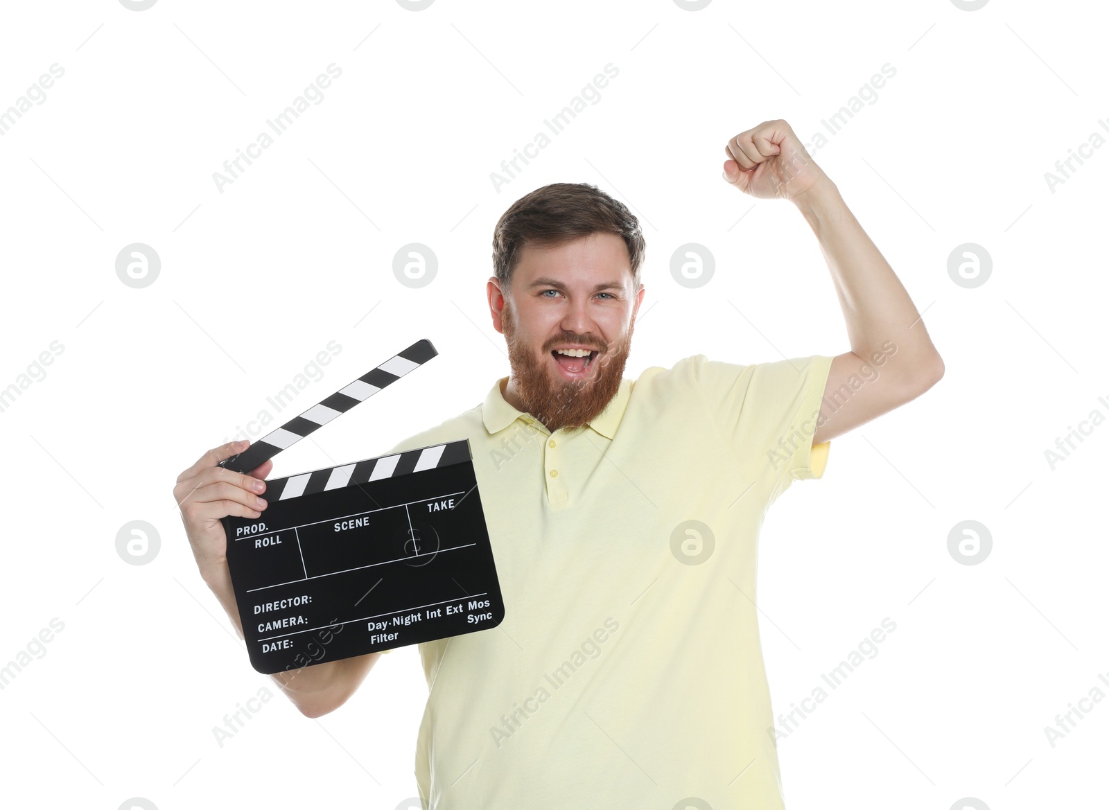 Photo of Making movie. Happy man with clapperboard on white background