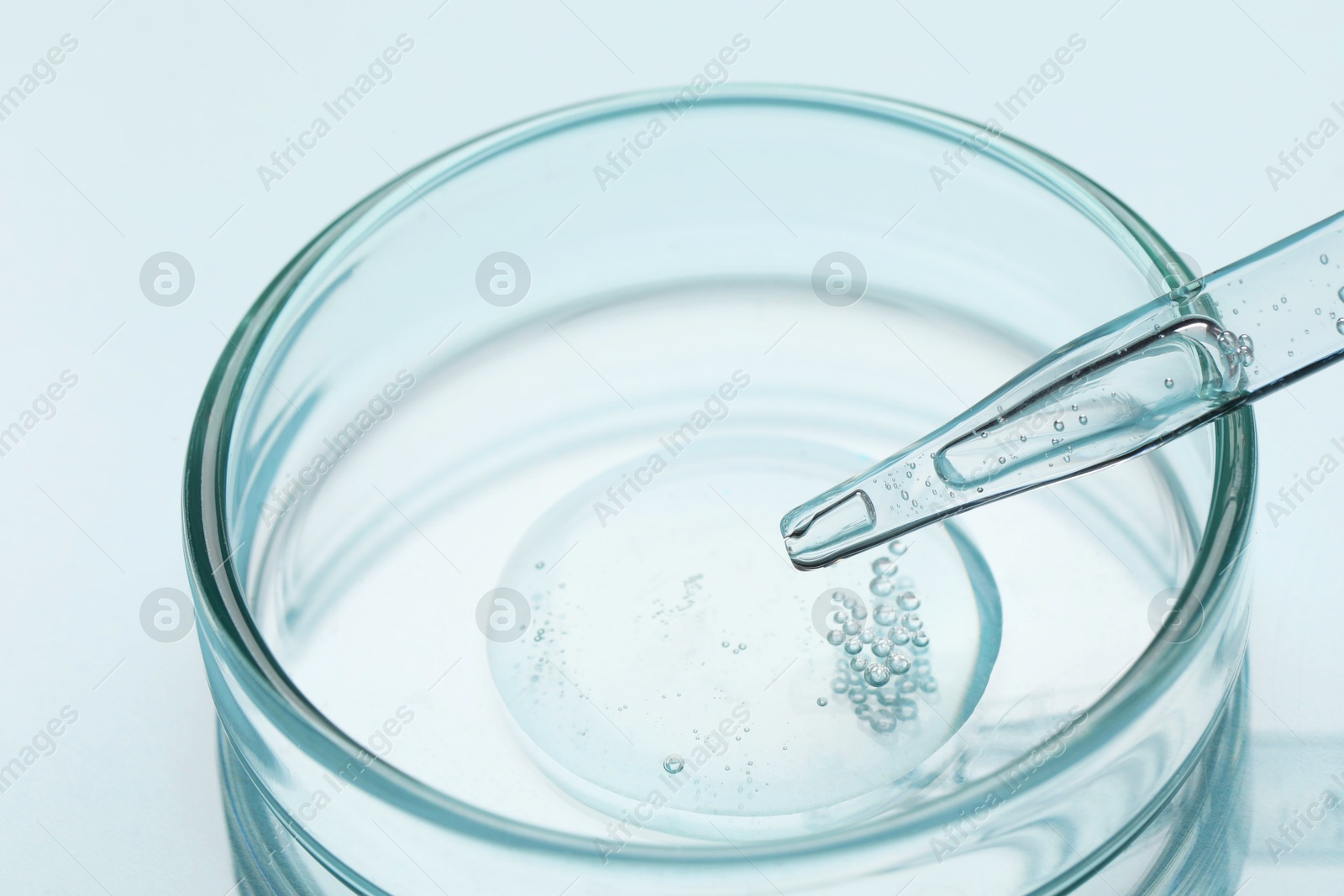 Photo of Glass pipette and petri dish with liquid on light background, closeup