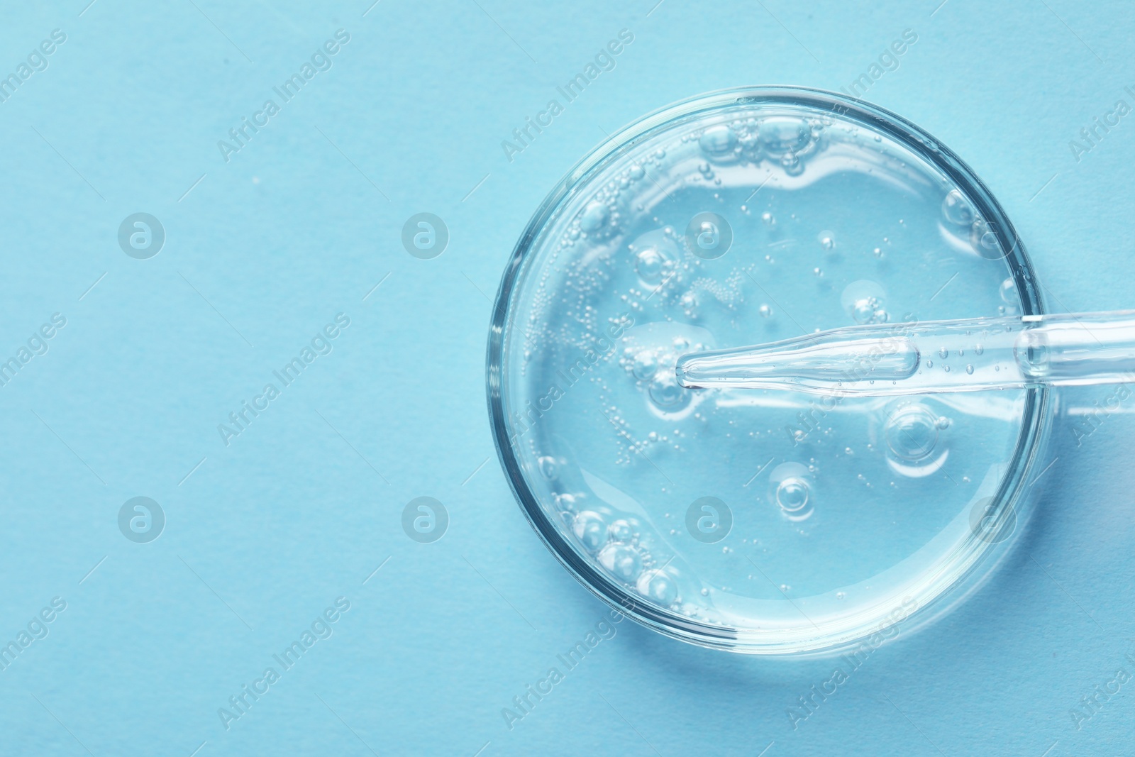 Photo of Glass pipette and petri dish with liquid on light blue background, top view. Space for text