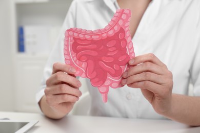 Photo of Doctor showing paper intestine cutout at white table in clinic, closeup