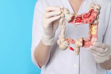 Photo of Doctor with model of large intestine on light blue background, closeup. Space for text