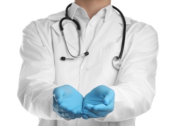 Photo of Doctor holding something on white background, closeup