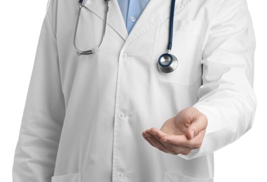 Doctor holding something on white background, closeup