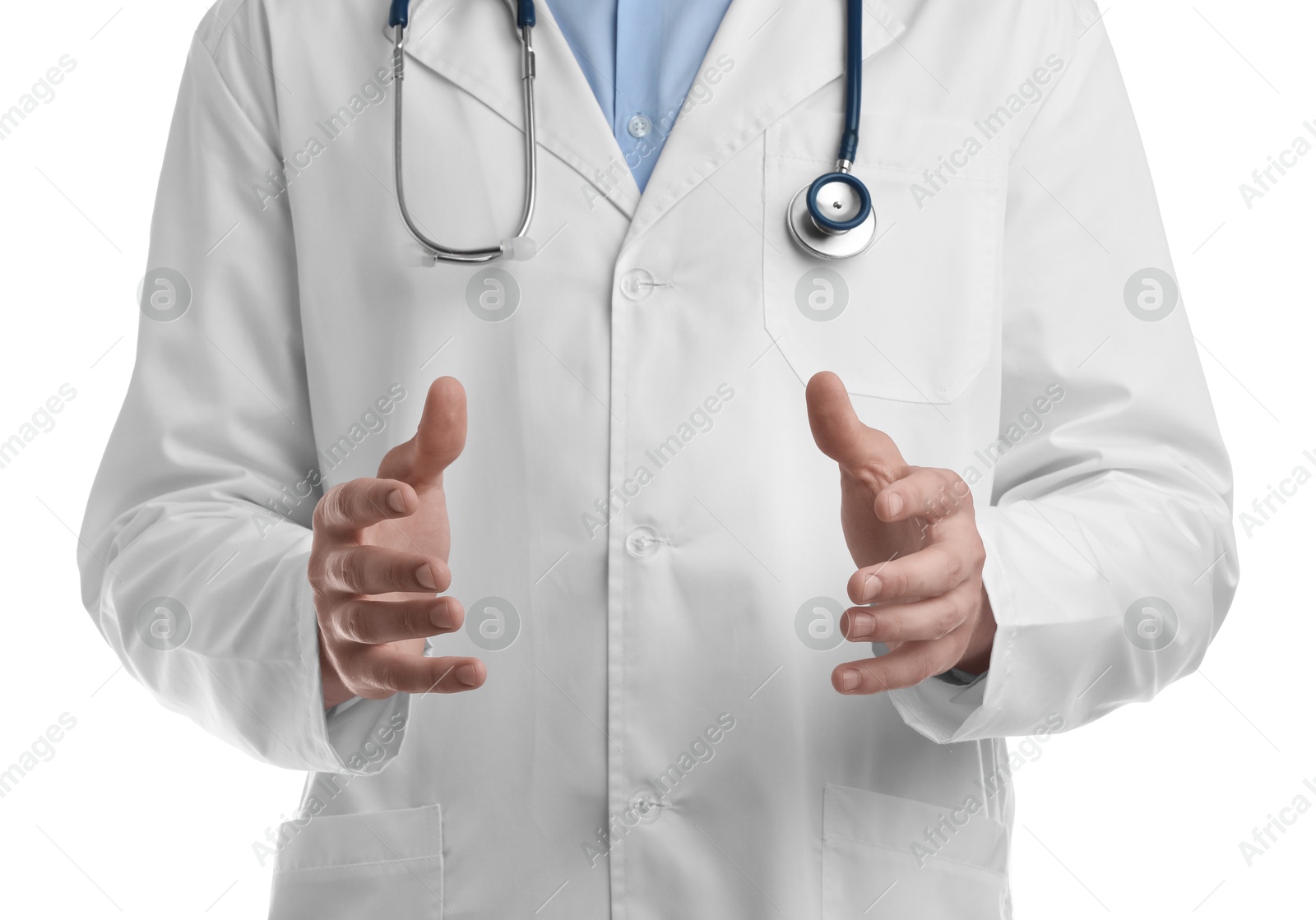 Photo of Doctor holding something on white background, closeup