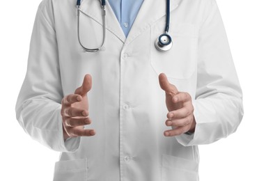 Doctor holding something on white background, closeup