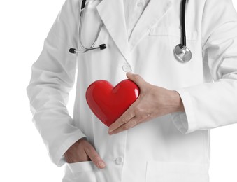 Photo of Doctor with red heart on white background, closeup