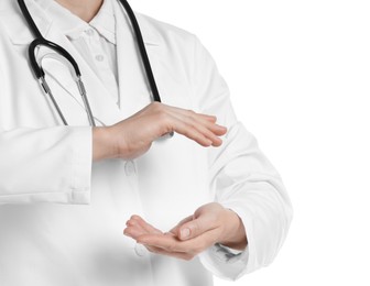 Doctor holding something on white background, closeup