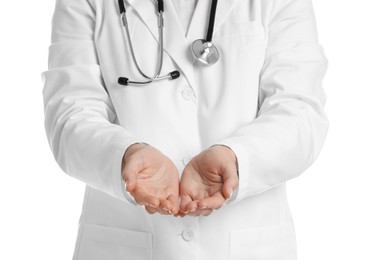 Doctor holding something on white background, closeup