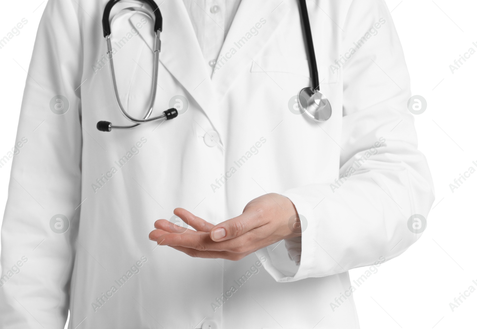 Photo of Doctor holding something on white background, closeup