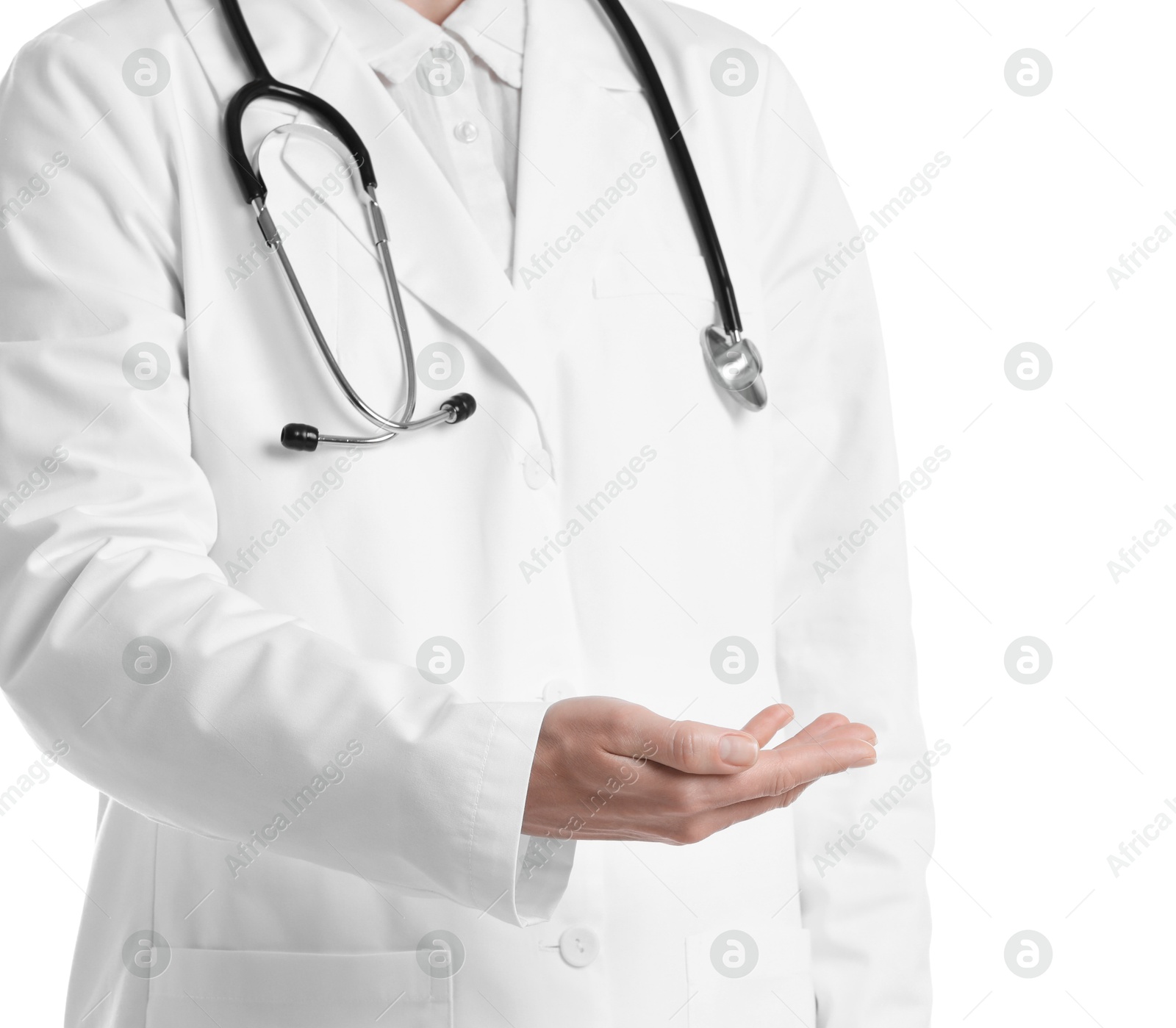 Photo of Doctor holding something on white background, closeup