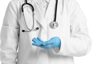 Photo of Doctor holding something on white background, closeup