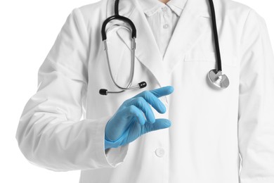 Doctor holding something on white background, closeup