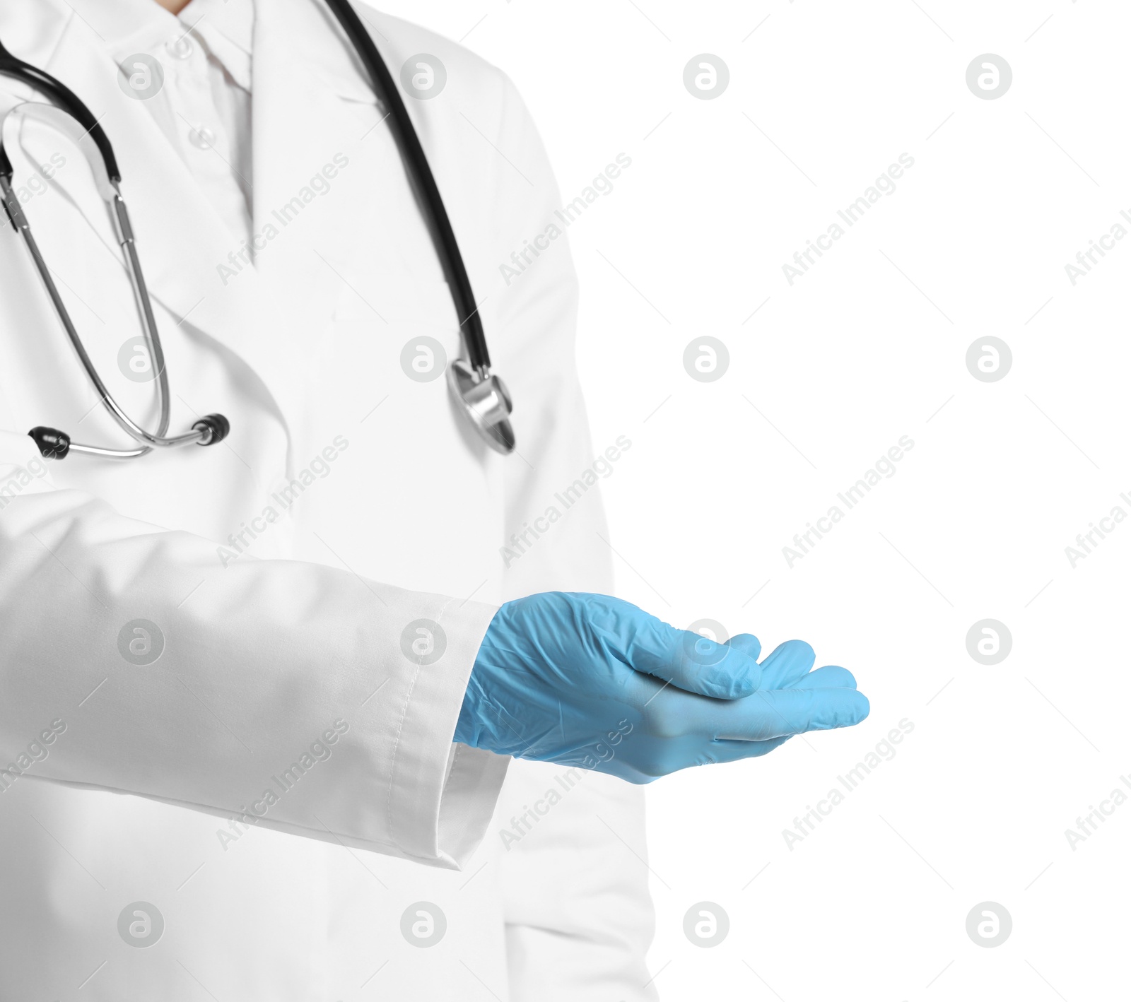 Photo of Doctor holding something on white background, closeup