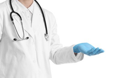 Photo of Doctor holding something on white background, closeup