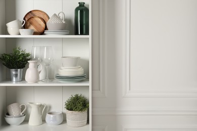 Different clean dishware and houseplants on shelves in cabinet indoors. Space for text