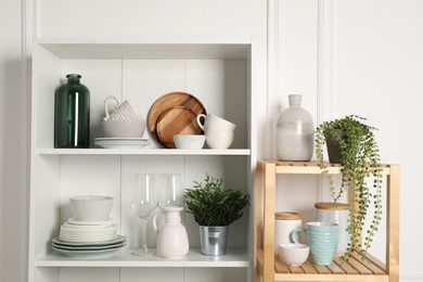 Different clean dishware and houseplants on shelves in cabinet indoors