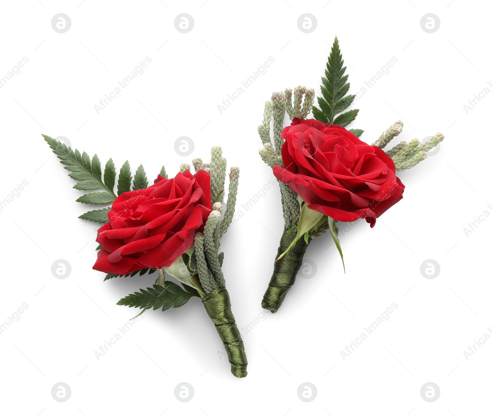 Photo of Two stylish red boutonnieres isolated on white, top view