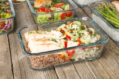 Photo of Healthy meal. Containers with different products on wooden table, closeup