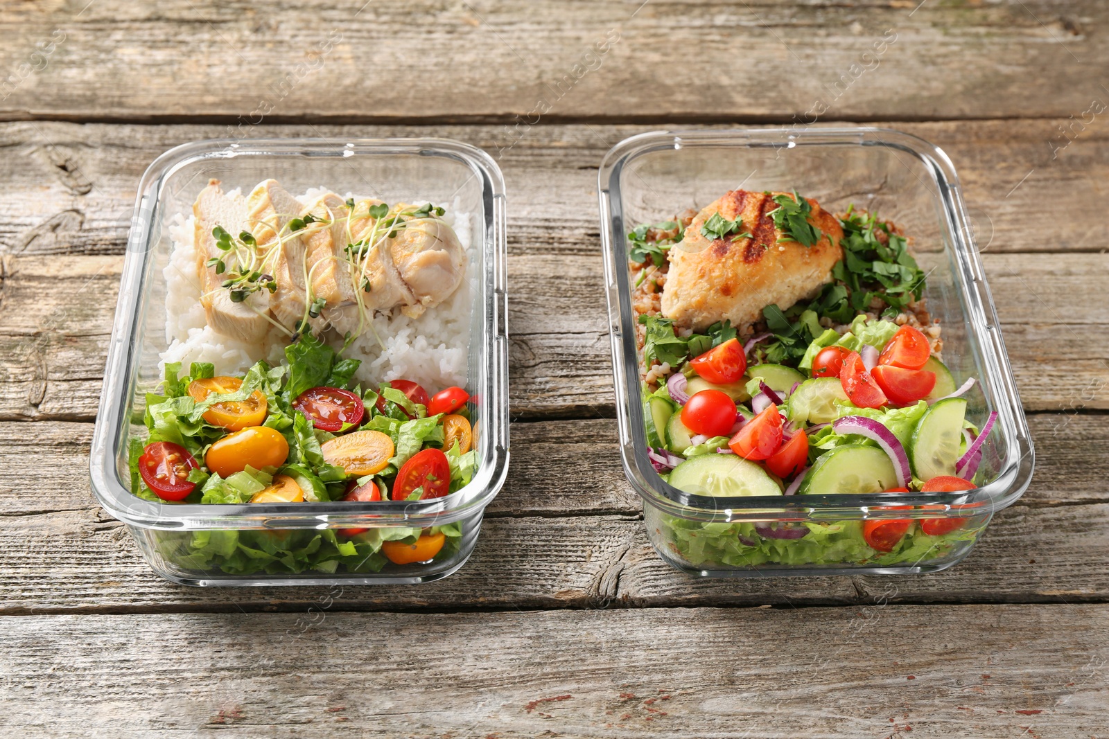 Photo of Healthy meal. Containers with different products on wooden table